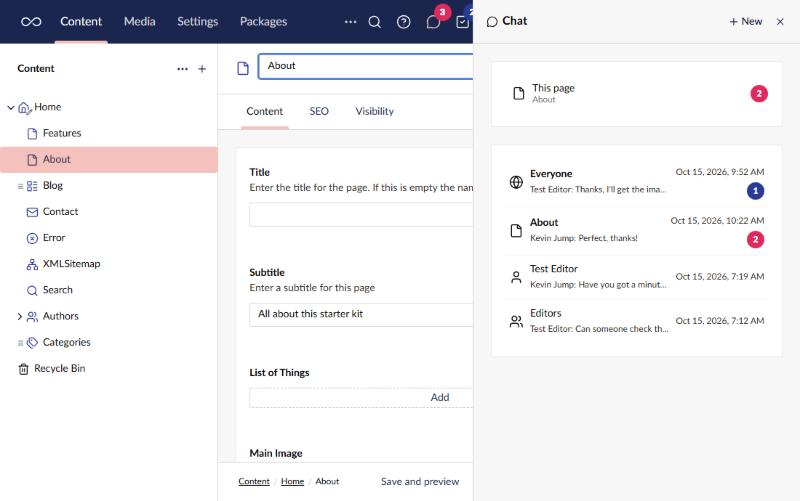 The BackChat panel's conversation list: This page, then Everyone, a document chat, a direct conversation and a user group conversation, with unread counts