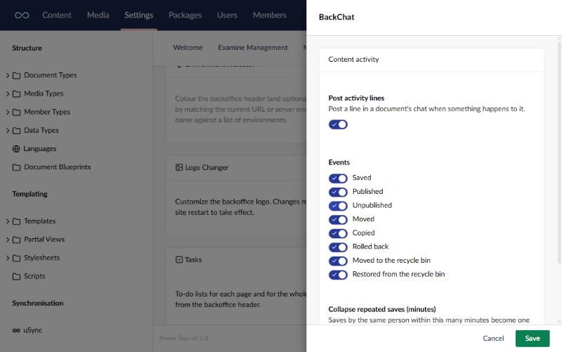 The BackChat settings: post activity lines, which events to post, and how many minutes of repeated saves collapse into one