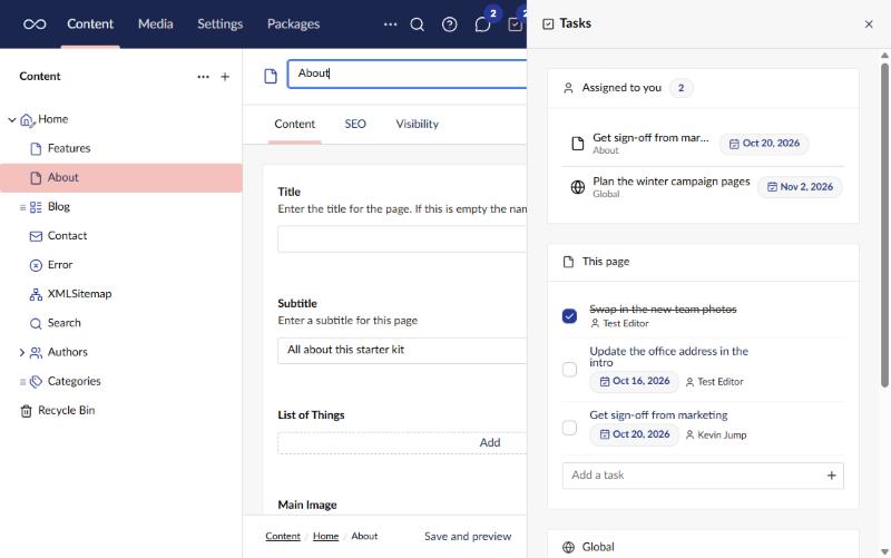 The Tasks panel showing the tasks assigned to you and the to-do list for the About page, with assignees and due dates