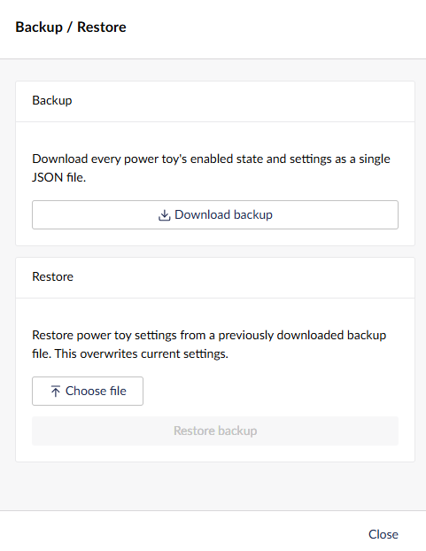 The Backup / Restore dashboard, showing the Download backup and Restore backup sections