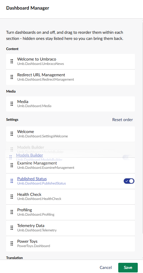 The Dashboard Manager modal listing dashboards with drag-and-drop ordering