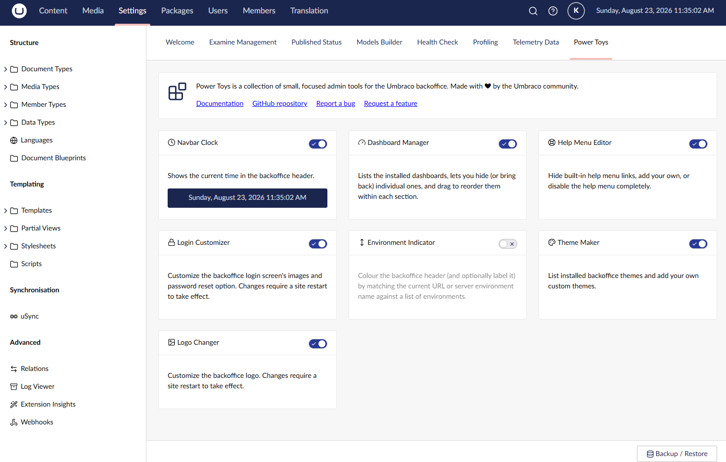 The Power Toys dashboard in the Umbraco Settings section