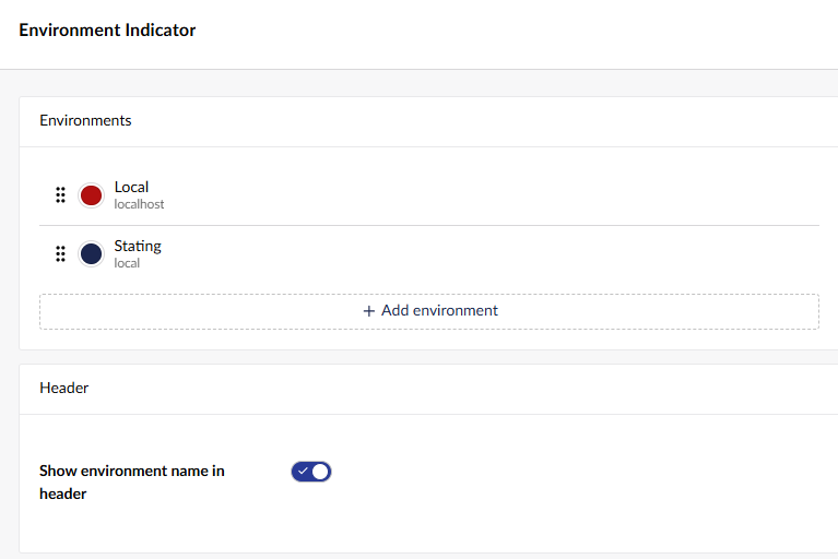 The Environment Indicator settings modal, showing the list of configured environments