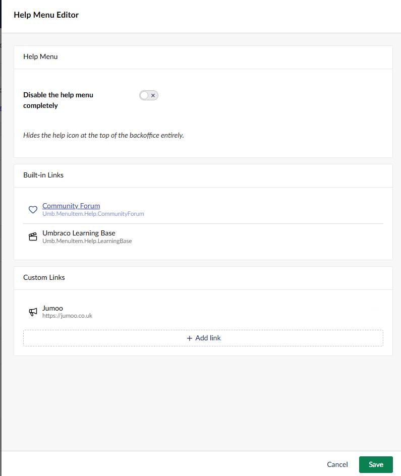 The Help Menu Editor settings modal