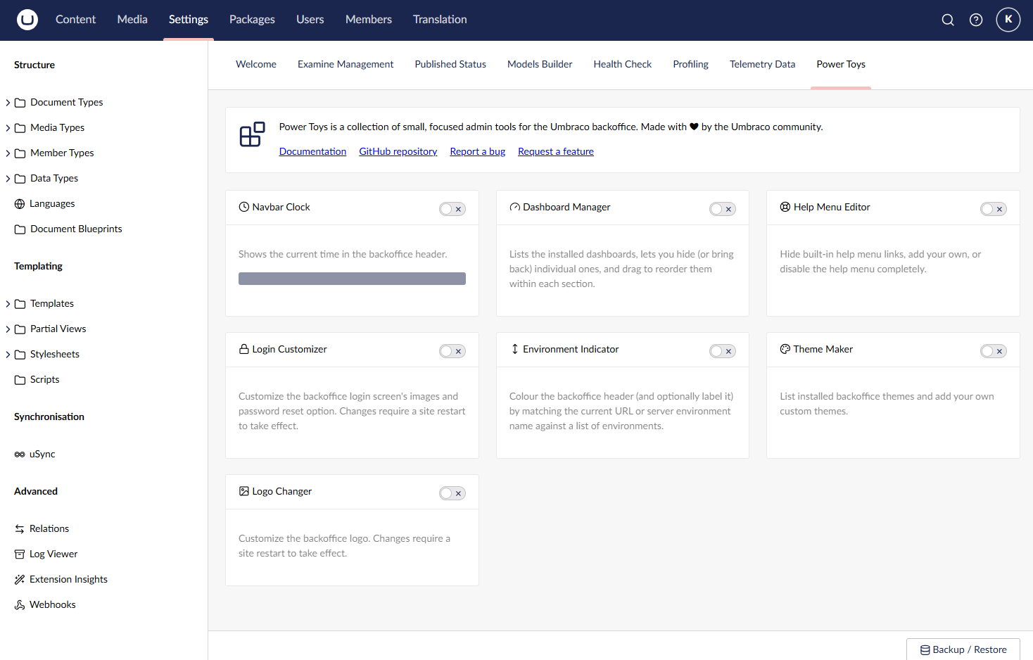 The Power Toys dashboard under Settings, with all built-in tools enabled