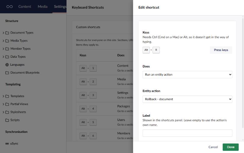 The Keyboard Shortcuts settings, with the Edit shortcut sidebar open on Alt+R, which runs the Rollback entity action