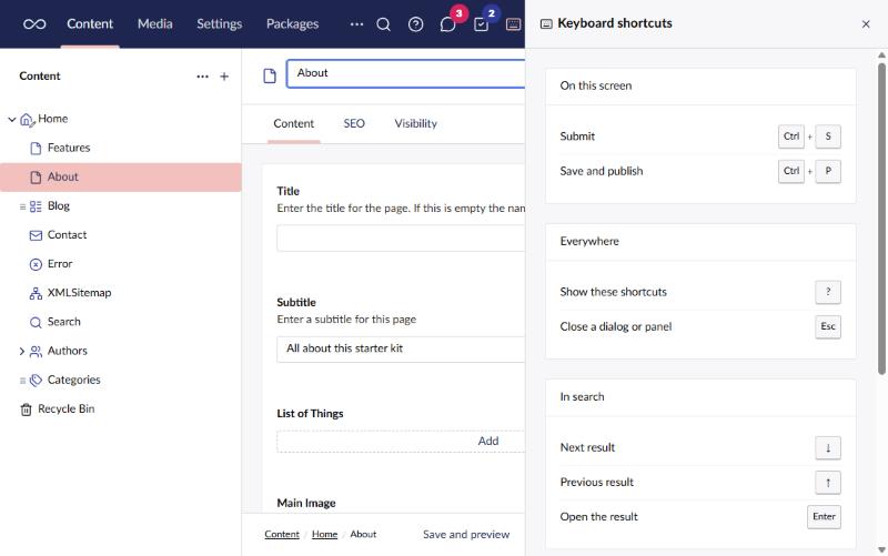 The Keyboard Shortcuts panel beside the About page, listing save and save and publish, then the keys that work everywhere, in search and in the rich text editor