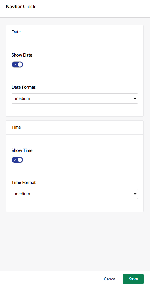 The Navbar Clock settings modal