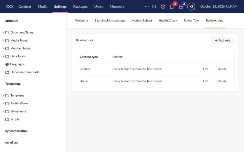 The Review rules dashboard in the Settings section, with rules for the Content and Home content types