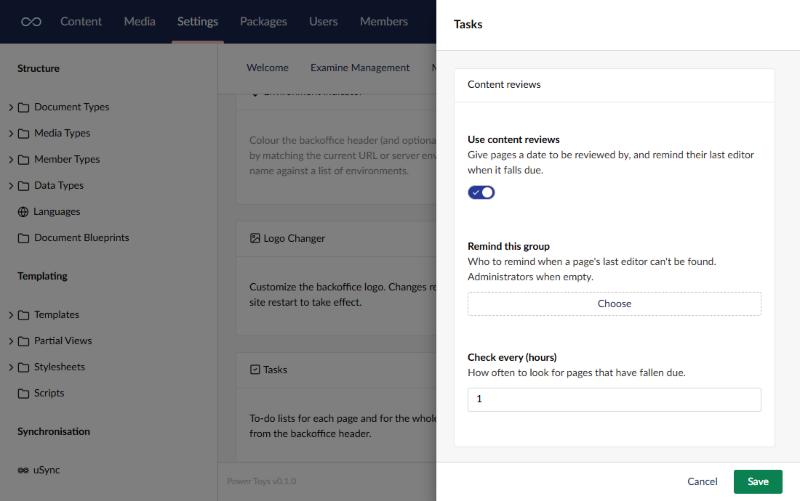 The Tasks settings: use content reviews, the group to remind when a page's last editor can't be found, and how often to check