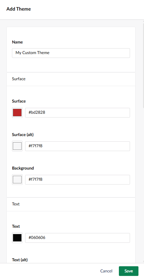 The theme colour editor sidebar