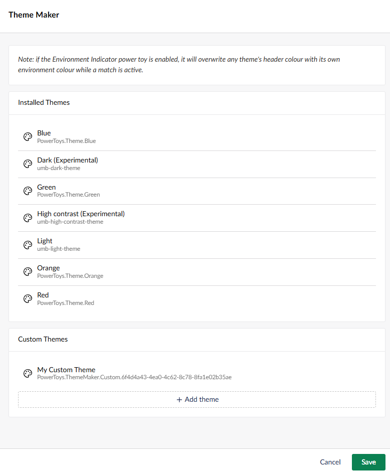 The Theme Maker settings modal, listing installed themes
