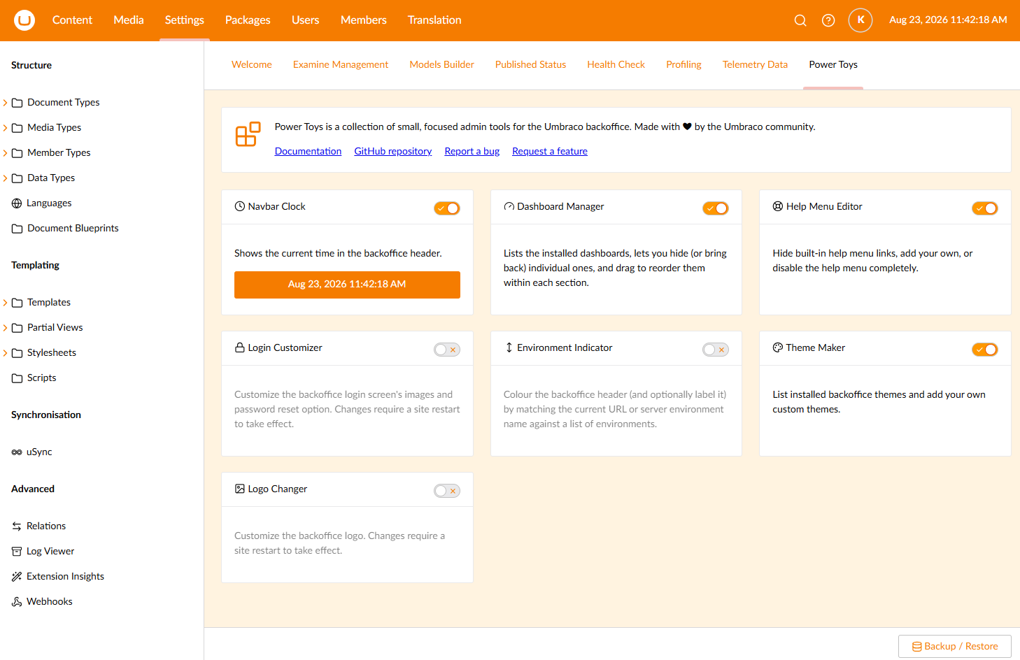 The backoffice with a custom orange theme applied